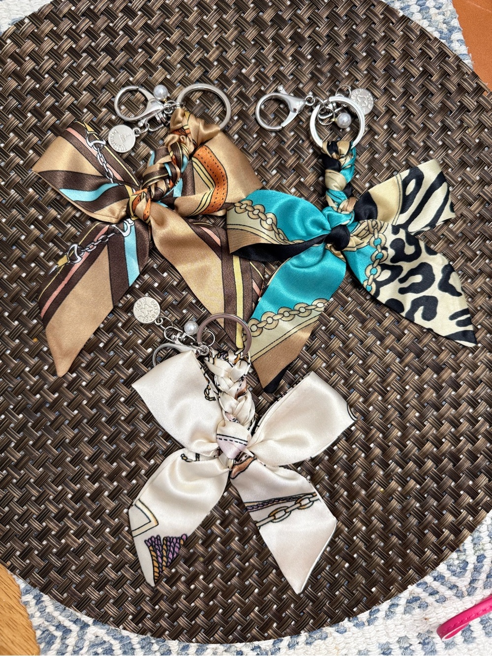 Multiple Unbranded Bow Scarf Keychains- Teal, Brown, and Cream
